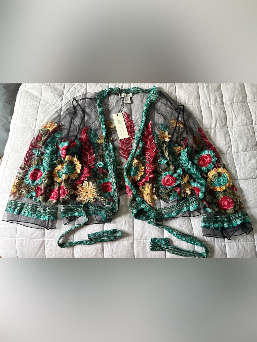 Rachel Zoe Embroidered Floral Mesh Kimono Cardigan Cover Up NWT Boho Festival